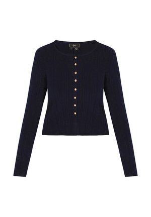 Marineblauer gerippter Cardigan mit langen Ärmeln, Rundhalsausschnitt und einer Reihe cremefarbener Knöpfe an der Vorderseite. Glatte Textur und tailliertes Design.