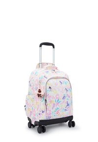 Valigia con ruote con un motivo floreale pastello, manici imbottiti, tasche con zip e un charm morbido. Realizzata in tessuto resistente con una base piccola.