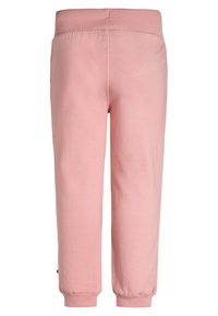 Roze katoenen joggingbroek met een elastische tailleband, taps toelopende benen en ribgebreide manchetten. Glad textuur, geen zichtbare patronen of accenten.