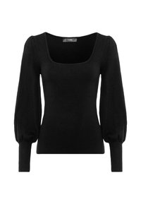 Haut noir à manches longues avec un col carré, tissu texturé et manches bouffantes ; silhouette ajustée avec poignets côtelés aux manches.