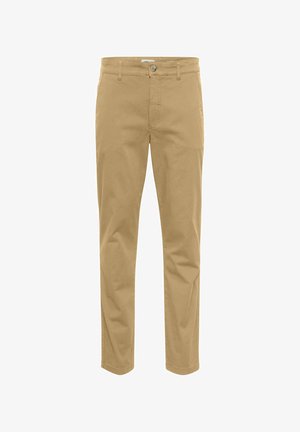 Khaaki bavlněné chinos s rovnými nohavicemi, vybavené zapínáním na knoflík, poutky na opasek a bočními kapsami. Hladký povrch s minimálními detaily.
