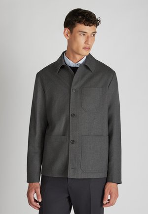 Graue Wollmischungjacke mit kragenförmigem Ausschnitt, Knopfverschluss, zwei Vordertaschen und glatter Textur.