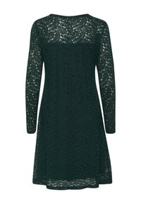 Green lace dress with long sleeves, featuring a floral pattern, a fitted bodice, and a slightly flared skirt. Smooth texture and soft finish.