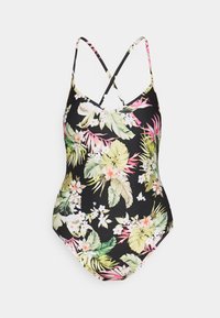 Fato de banho preto de uma peça, com padrões florais tropicais coloridos, alças finas ajustáveis e decote em V. Material macio e elástico.