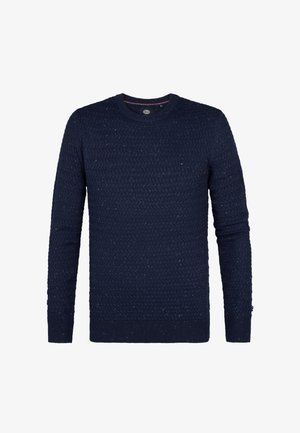 Suéter de punto azul marino con un patrón texturizado, cuello redondo y mangas largas. Presenta sutiles motas multicolores en todo su diseño.
