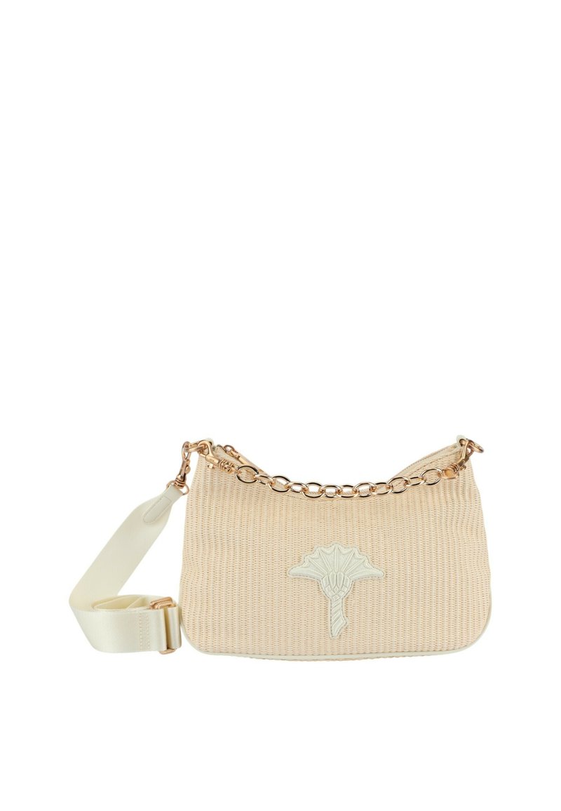 Borsa a tracolla in tessuto beige con texture a righe, hardware in catena e tracolla, e un dettaglio di ricamo floreale bianco sulla parte anteriore.