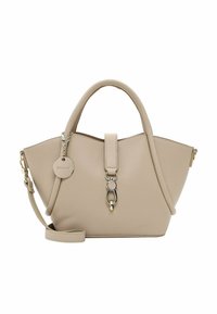 Beige leren handtas met een gestructureerde vorm, dubbele draaghandvaten, een afneembare schouderriem en accenten van zilverkleurig beslag.