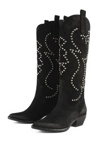 Black suede cowboy boots with pointed toes, embroidered patterns, and silver studded accents. Features pull tabs and low stacked heels.