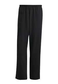 Svarta träningsbyxor med elastisk midja, rak bendesign, sidofickor och dragkedjor vid bensluten, tillverkade av ett mjukt och lätt tyg.