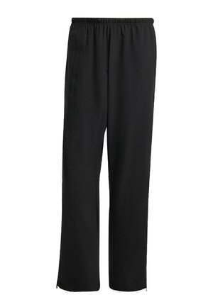 Pantaloni sportivi neri con vita elasticizzata, design a gamba dritta, tasche laterali e polsini con zip, realizzati in un tessuto liscio e leggero.