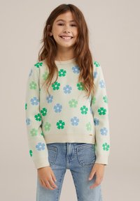 Ljusgrön tröja med ett blommönster i grönt och blått, med ribbad halsringning och muddar. I kombination med ljusblå jeans.