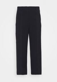 Zwarte op maat gemaakte broek met een rechte pijp ontwerp, voorzien van een soepele textuur, riemlussen en zijzakken, op een witte achtergrond.