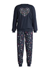 Navy pajama set featuring a long-sleeve top with a floral heart design and patterned pants with festive motifs, including nutcrackers and snowflakes.