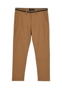Brązowe spodnie chino z prostym stanem, dwoma bocznymi kieszeniami, czarnym paskiem w paski oraz wąskimi, zwężanymi nogawkami.