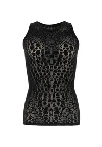 Top senza maniche nero con un design simile alla pizzo caratterizzato da intricate aperture e una silhouette aderente. Tessuto liscio con scollatura rotonda.