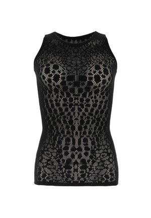 Top senza maniche nero con un design simile alla pizzo caratterizzato da intricate aperture e una silhouette aderente. Tessuto liscio con scollatura rotonda.