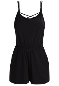 Combinaison noire sans manches avec fines bretelles ajustables et détail de bretelle croisée au niveau de l'encolure, taille élastique et bas short ample.