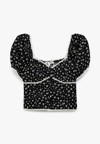 Sort cropped top med korte puffærmer, hvidt blomsterprint, blondekant ved udskæring og ærmer, samt knapper langs fronten.