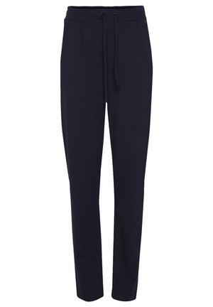 Mugavad tumesinised treeningpüksid, mis on valmistatud pehmest kangast, elastse vöökoha ja nööriga, eesplekkide ja kitseneva disainiga.