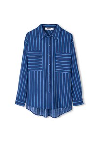 Camicia button-up blu navy con righe verticali azzurre, due tasche sul petto con righe orizzontali e colletto classico.
