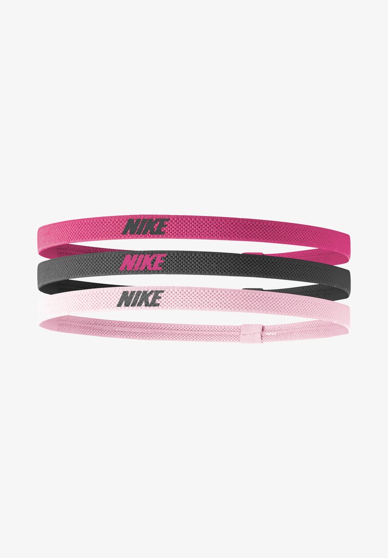 Fasce per capelli Nike in tre colori: rosa acceso, nero e rosa chiaro. Tessuto testurizzato con il logo "NIKE" ben in evidenza su ciascuna fascia.