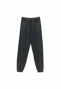 Zwarte joggingsbroek van zacht stof, met een elastische tailleband met trekkoord, zijzakken en taps toelopende pijpen.