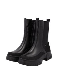 Bottines noires avec une tige en cuir lisse, des panneaux latéraux élastiques et une semelle en caoutchouc épaisse. Elles présentent une fermeture éclair et des accents texturés.