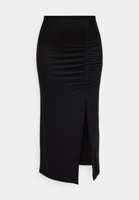 Schwarzer Midirock mit seitlicher Raffung und Frontschlitz vor hellem einfarbigem Hintergrund.