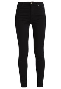 Svarta denimskinnjeans med hög midja, med en framknäppning, fem fickor och en mjuk, elastisk textur.