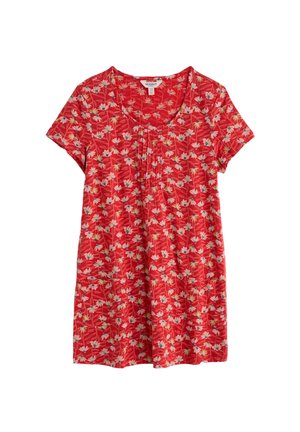 Rochie roșie cu mâneci scurte, imprimeu floral alb și galben, decolteu rotund și două buzunare frontale.