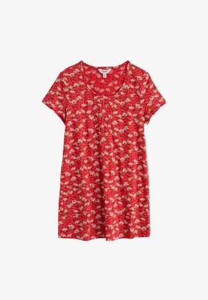 Vestito rosso a maniche corte con stampa floreale bianca e gialla, scollo rotondo e due tasche frontali.