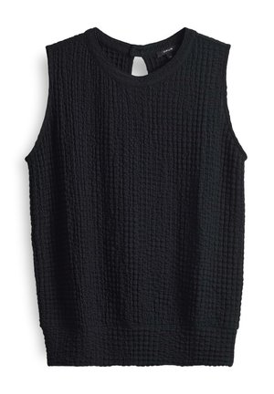 Schwarzes ärmelloses Top aus strukturiertem Stoff mit einem zerknitterten Muster, rundem Halsausschnitt und einem kleinen Schlüssellochdetail am Rücken.