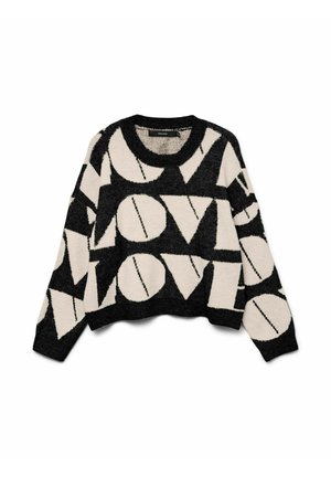 Sweater court noir et crème avec des formes géométriques abstraites, incluant un motif en texte "LOVE", avec un col rond côtelé et des manches longues.
