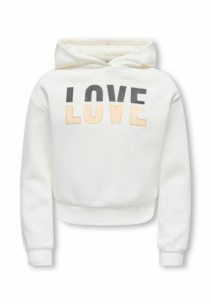 Sweat à capuche court blanc avec capuche, manches longues, et le mot "LOVE" imprimé en lettres noires et jaune pâle mélangées sur le devant.