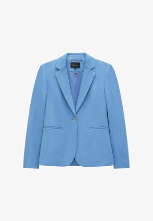 Hellblaues Blazer mit taillierter Passform, Reverskragen, einreihiger Knopfverschluss und zwei Fronttaschen. Strukturierter Stoff. Futter innen.