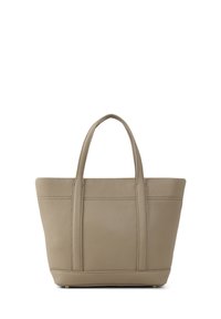 Borsa a tracolla in pelle taupe con finitura testurizzata, due manici robusti e dettagli di cucitura verticale. Presenta un design aperto e ampio nella parte superiore.