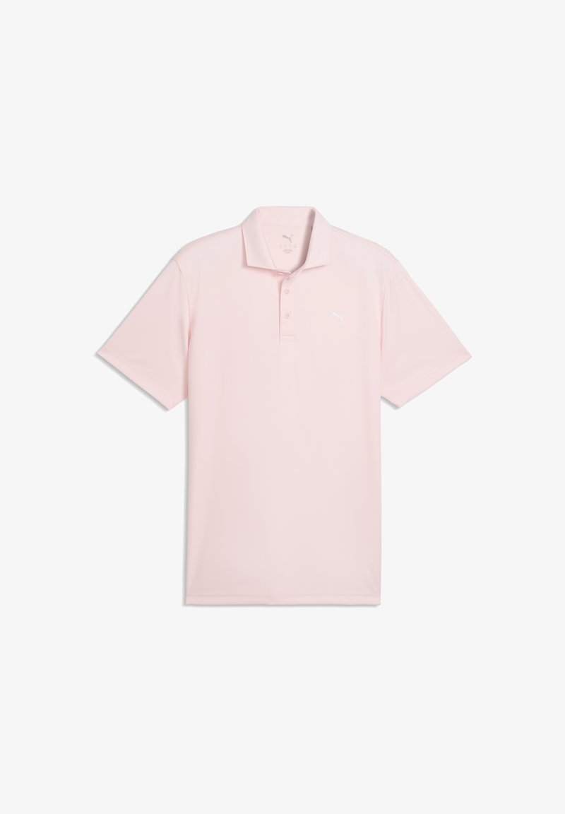 Jasnoróżowa koszulka polo wykonana z miękkiego materiału, z kołnierzykiem, krótkimi rękawami i białym logo na lewej stronie klatki piersiowej.