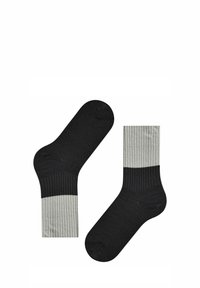 Schwarz und hellgraue gerippte Socken mit einem zweifarbigen Design, glatter Textur und einem kontrastierenden Farbbündchen oben.