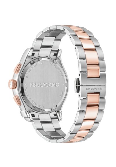 Orologio in acciaio inossidabile con bracciale bicolore, caratterizzato da accenti in oro rosa lucido e una cassa argentata liscia. Vetro in cristallo zaffiro.