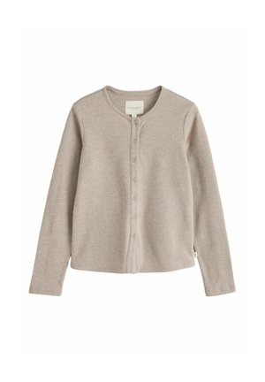 Beige long-sleeve button-up cardigan with round neckline and simple, minimalist design on a white background.