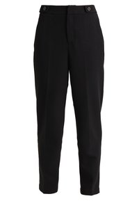 Pantalons ajustés noirs en tissu lisse, dotés de deux boutons à l'avant, d'une coupe droite et de poches latérales. Design à l'avant plat avec une finition soignée.