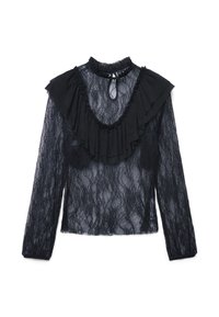 Blusa nera in pizzo a maniche lunghe con colletto alto e dettagli arricciati. Texture trasparente con un motivo floreale, dotata di apertura a chiave sul retro.