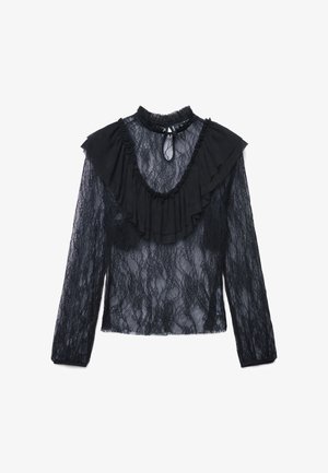 Schwarze Spitzenbluse mit langen Ärmeln, hohem Kragen und Rüschen-Details. Durchscheinender Stoff mit floralem Muster, hinten mit einer Schlüssellochöffnung.