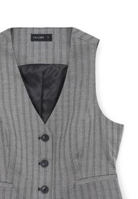 Gilet houndstooth grigio con scollatura a V profonda, fodera nera, chiusura a cinque bottoni e due tasche laterali. Il materiale è una stoffa testurizzata.