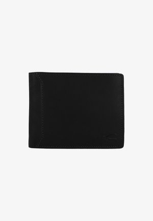 Portafoglio in pelle nera con una texture liscia, bordi cuciti e un sottile logo in rilievo nell'angolo in basso a destra. Design a bifold.
