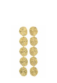 Kuld kõrvarõngad, millel on kaskaad kujundusega spiraalsete vormide seeria, millel on tekstureeritud pind ja poleeritud viimistlus.