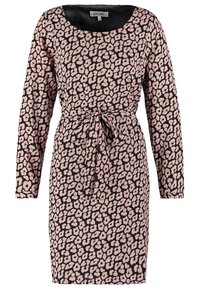 Long-sleeved dress in black with a pink floral leopard print, featuring a scoop neckline and a tie waist for adjustment. Smooth texture.