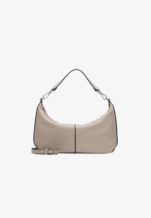Borsa a spalla in pelle beige con una texture liscia, caratterizzata da una forma curva, bordi neri e una tracolla removibile con un fermo in argento.