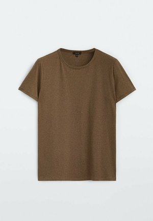 Brown short-sleeve t-shirt made of textured fabric. Features a crew neckline and a straight cut, with subtle ribbed detailing.