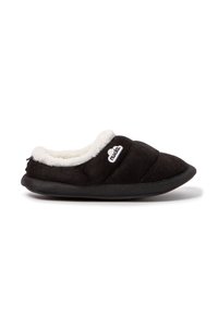 Pantuflas negras acolchadas con un forro blanco esponjoso, punta redondeada y suela de goma. Presenta un pequeño logo en el lado exterior.